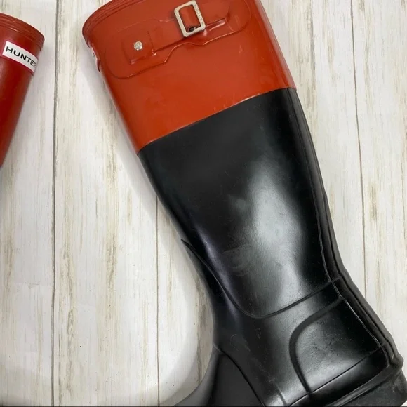 Hunter Orange Red and Black Color Block Rubber Rain Boots - Picture 6 of 11